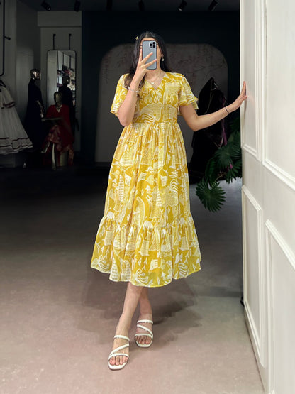Yellow Elegant Sunshine Georgette Printed Frock – Breezy Stitched Dress