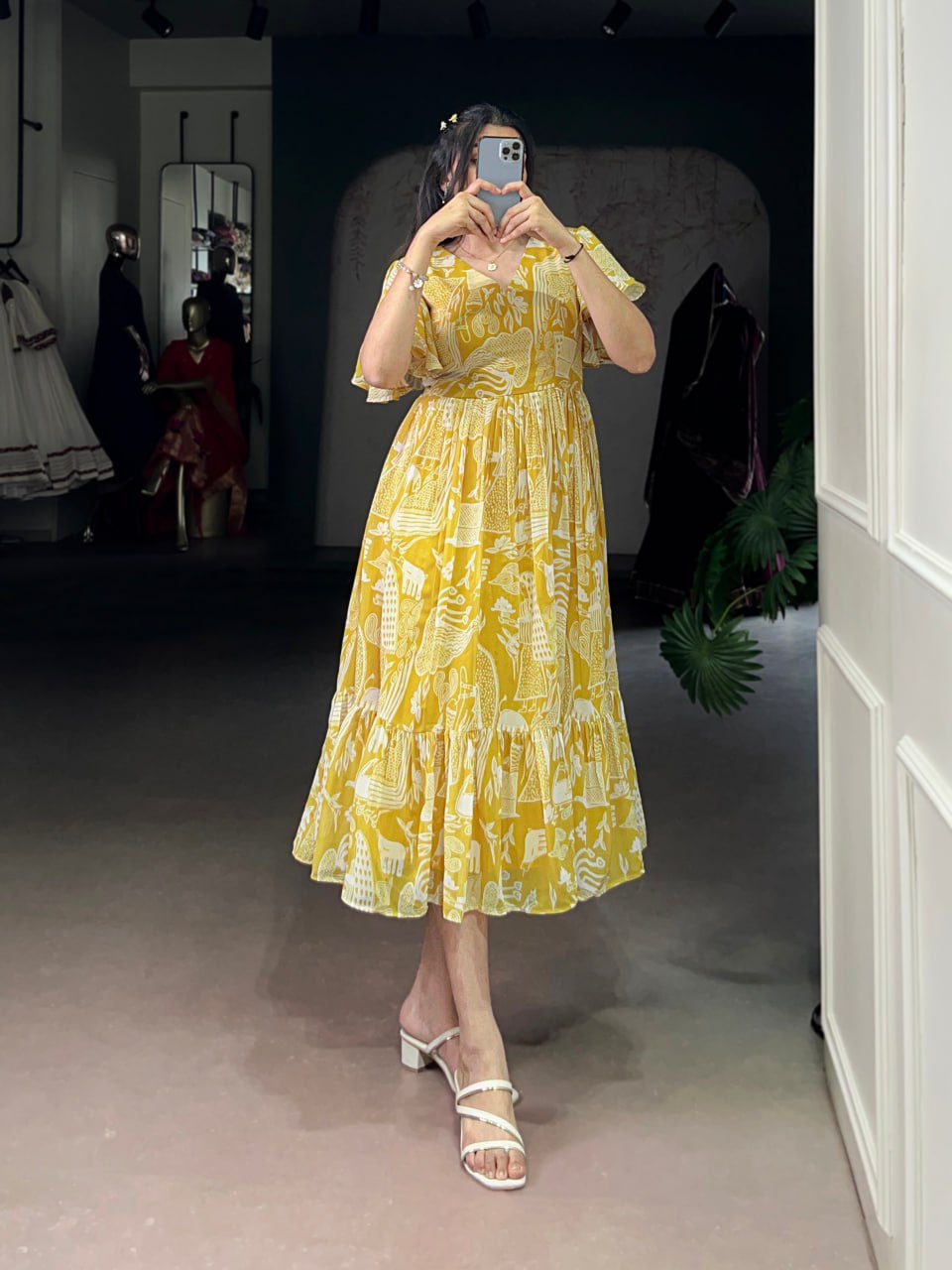 Yellow Elegant Sunshine Georgette Printed Frock – Breezy Stitched Dress