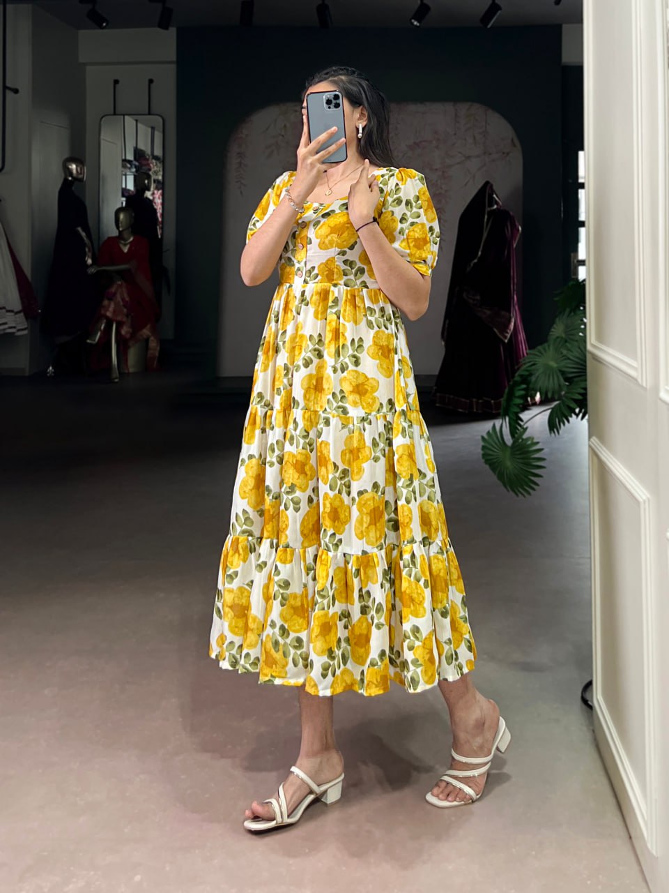 Yellow Flower Floral Vichitra Silk Frock – Ethnic Designer Dress