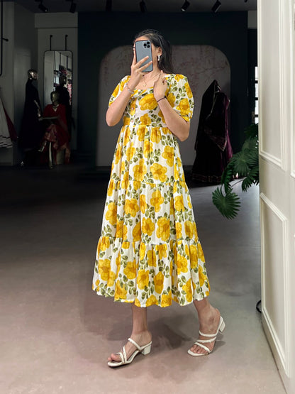 Yellow Flower Floral Vichitra Silk Frock – Ethnic Designer Dress