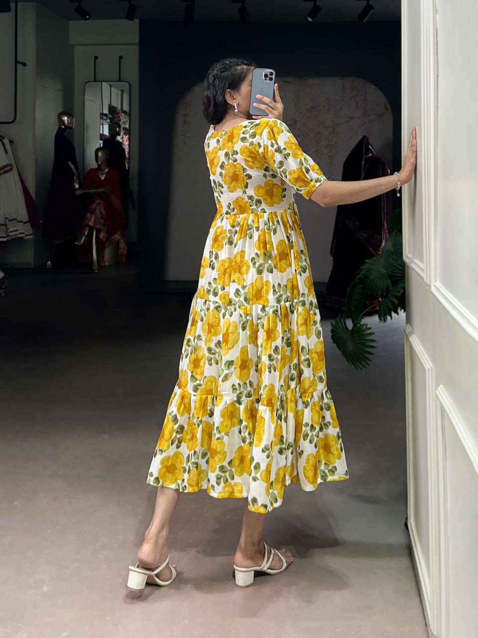 Yellow Flower Floral Vichitra Silk Frock – Ethnic Designer Dress