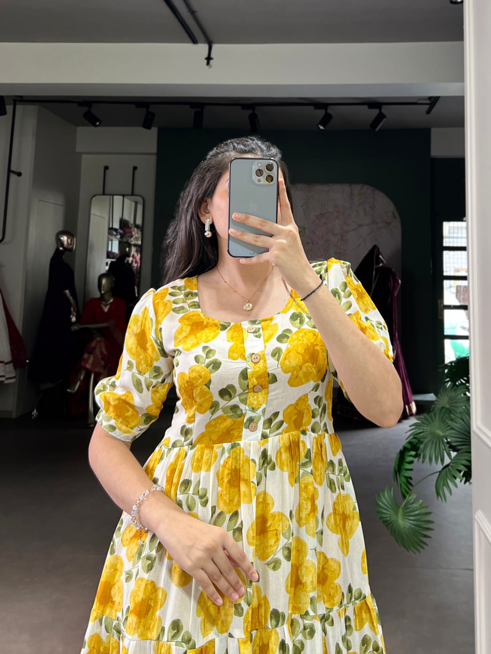 Yellow Flower Floral Vichitra Silk Frock – Ethnic Designer Dress