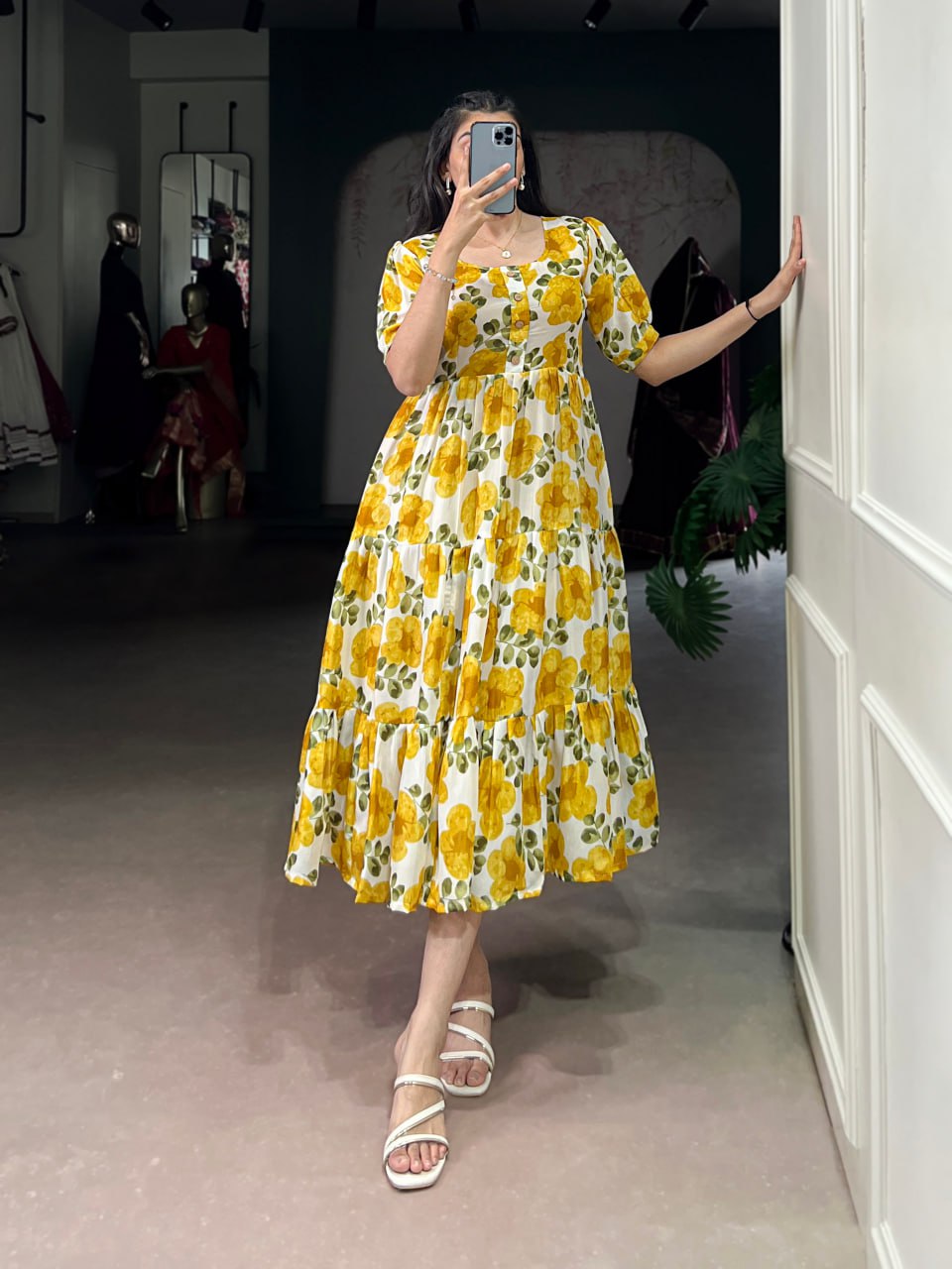 Yellow Flower Floral Vichitra Silk Frock – Ethnic Designer Dress