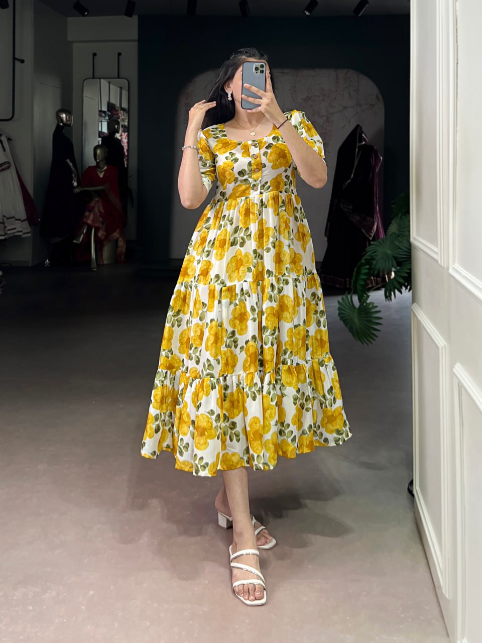 Yellow Flower Floral Vichitra Silk Frock – Ethnic Designer Dress