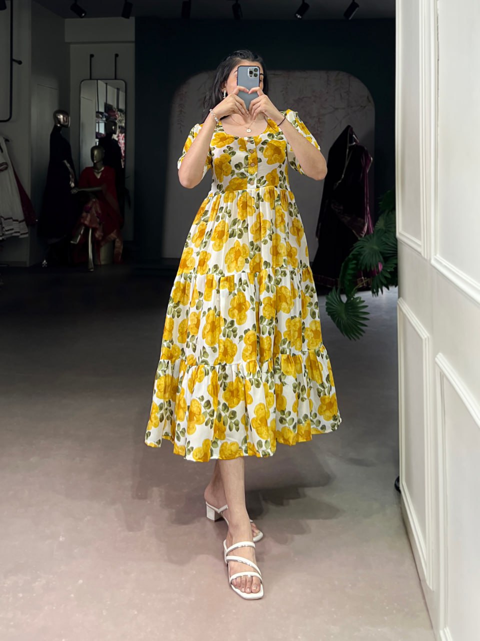 Yellow Flower Floral Vichitra Silk Frock – Ethnic Designer Dress