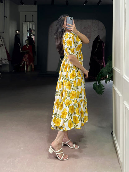 Yellow Flower Floral Vichitra Silk Frock – Ethnic Designer Dress