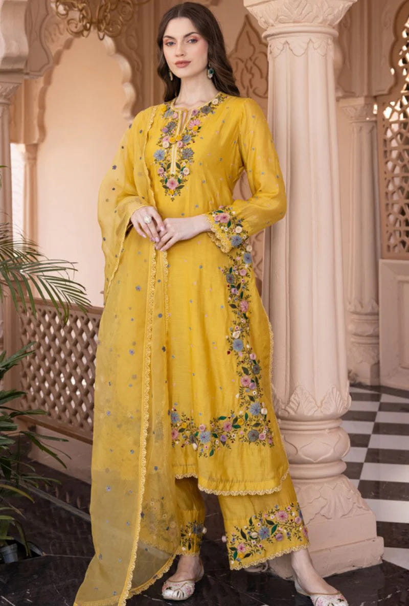 Yellow Georgette Palazzo Suit with Embroidery Sequence Work – Ready to Wear Pakistani Salwar Kameez