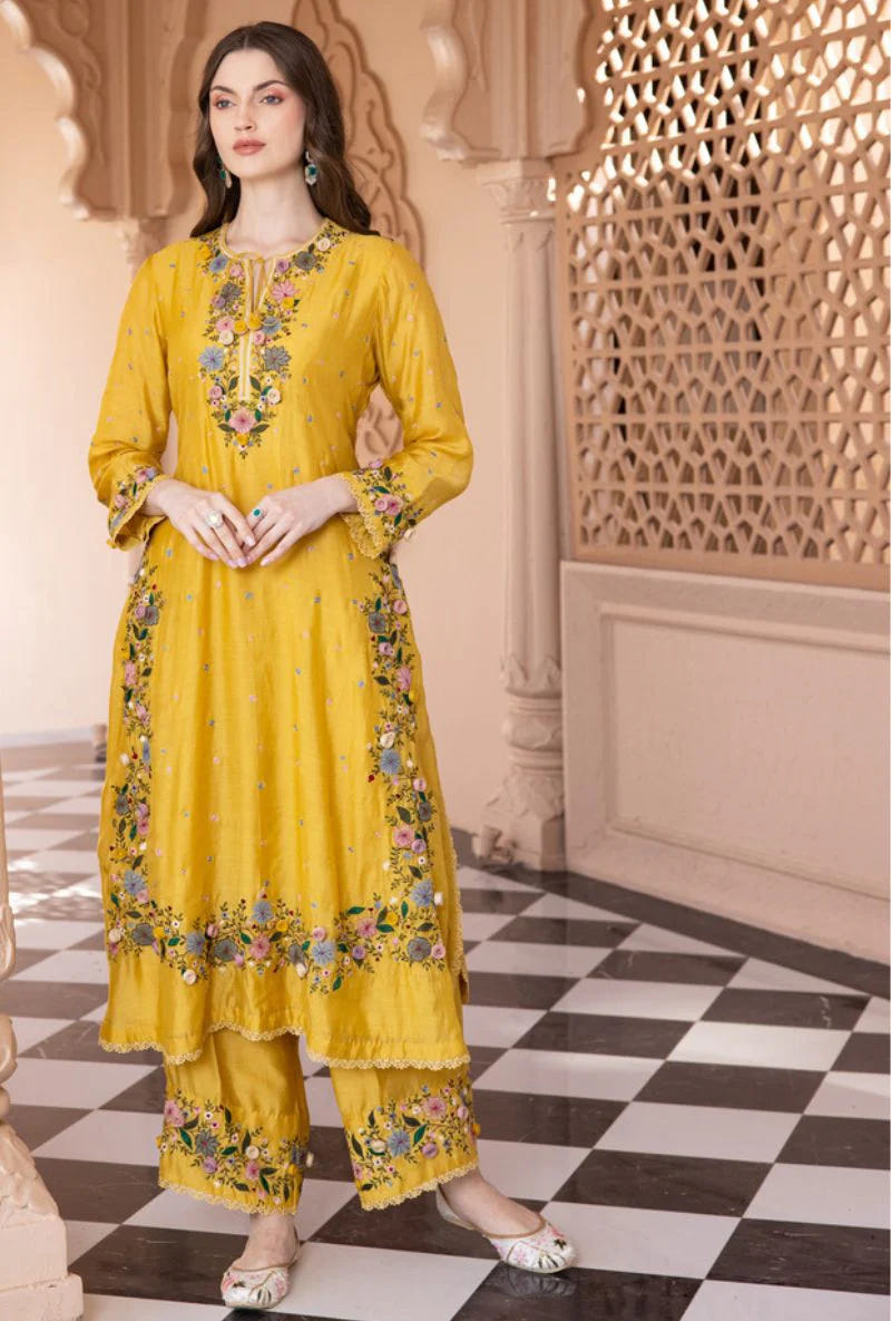 Yellow Georgette Palazzo Suit with Embroidery Sequence Work – Ready to Wear Pakistani Salwar Kameez