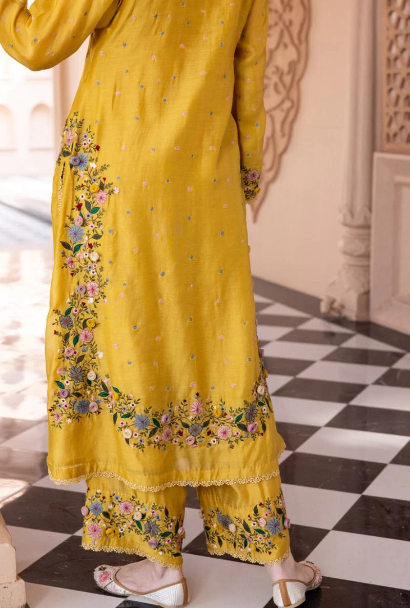 Yellow Georgette Palazzo Suit with Embroidery Sequence Work – Ready to Wear Pakistani Salwar Kameez
