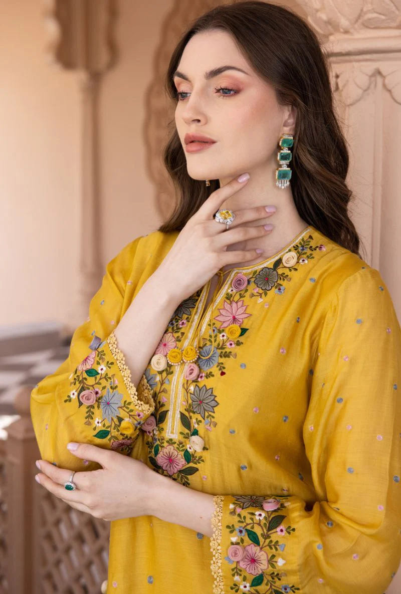 Yellow Georgette Palazzo Suit with Embroidery Sequence Work – Ready to Wear Pakistani Salwar Kameez 