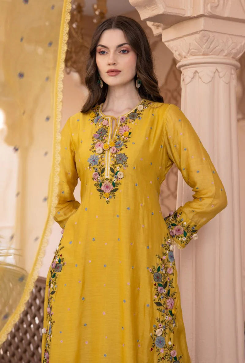 Yellow Georgette Palazzo Suit with Embroidery Sequence Work – Ready to Wear Pakistani Salwar Kameez