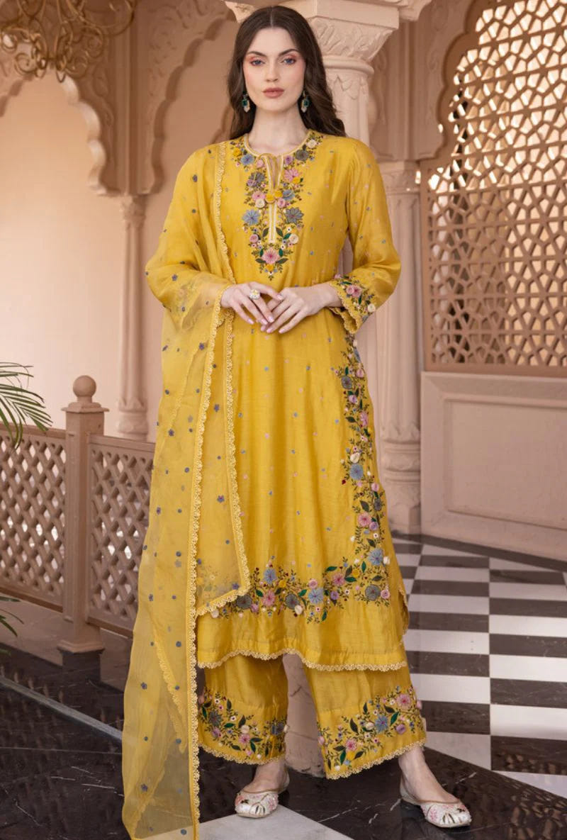 Yellow Georgette Palazzo Suit with Embroidery Sequence Work – Ready to Wear Pakistani Salwar Kameez