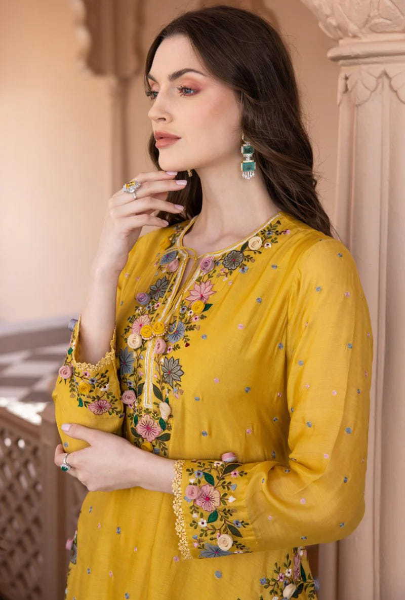 Yellow Georgette Palazzo Suit with Embroidery Sequence Work – Ready to Wear Pakistani Salwar Kameez 