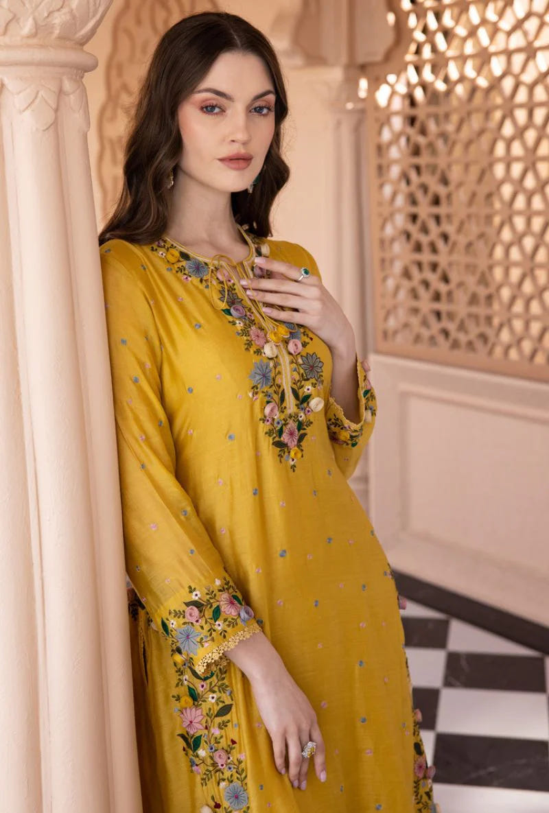 Yellow Georgette Palazzo Suit with Embroidery Sequence Work – Ready to Wear Pakistani Salwar Kameez 