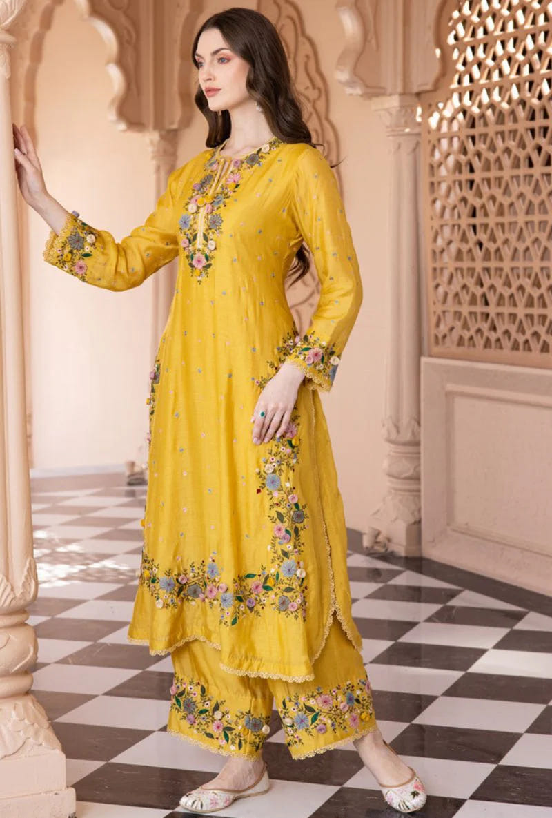 Yellow Georgette Palazzo Suit with Embroidery Sequence Work – Ready to Wear Pakistani Salwar Kameez 
