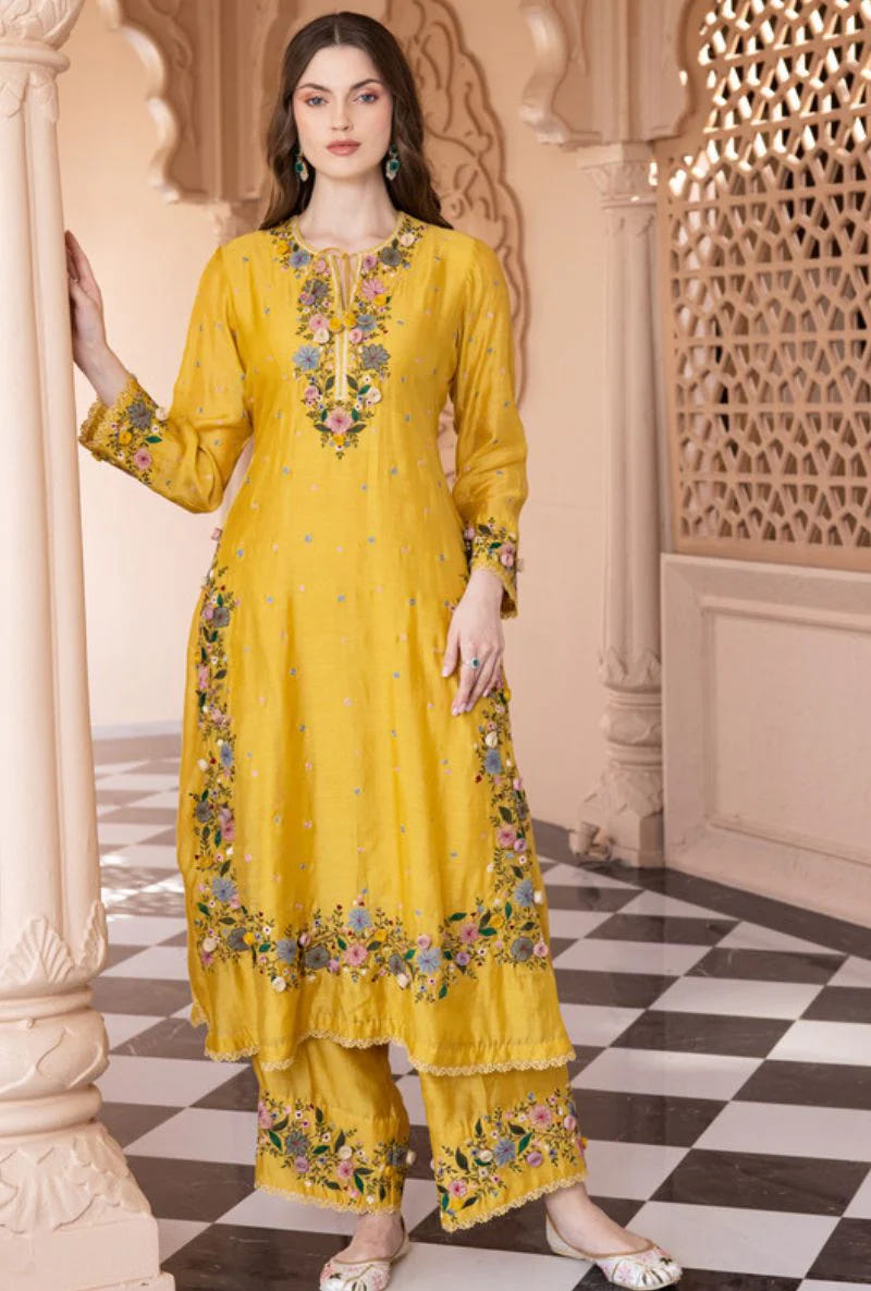 Yellow Georgette Palazzo Suit with Embroidery Sequence Work – Ready to Wear Pakistani Salwar Kameez 