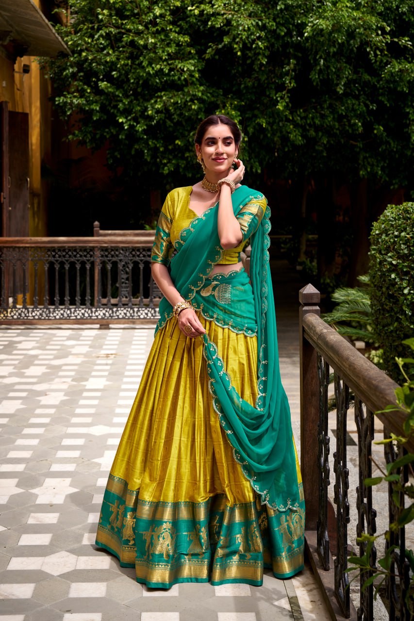 Yellow Poly Cotton Zari Weaving Half Saree Lehenga Choli Set