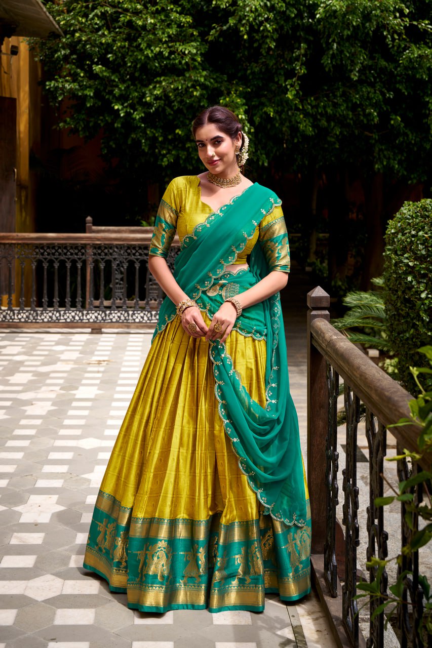 Yellow Poly Cotton Zari Weaving Half Saree Lehenga Choli Set