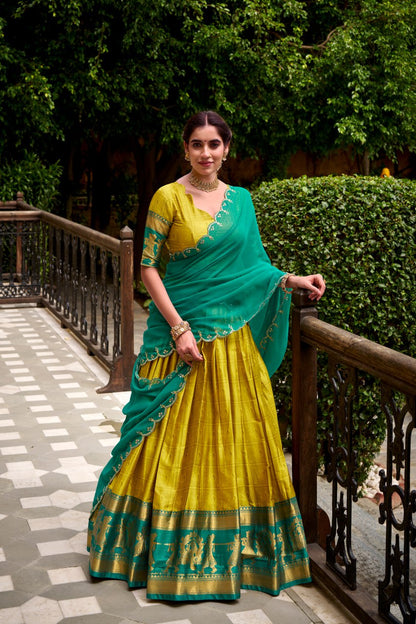 Yellow Poly Cotton Zari Weaving Half Saree Lehenga Choli Set