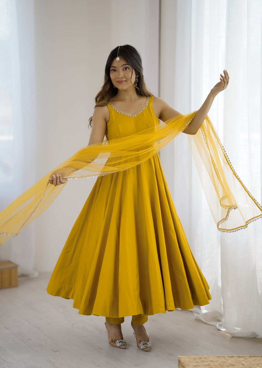 Yellow Roman Silk Chanderi Anarkali Suit with Mirror-Lace Net Dupatta