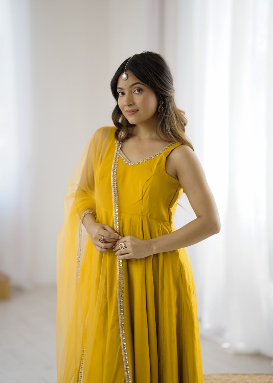 Yellow Roman Silk Chanderi Anarkali Suit with Mirror-Lace Net Dupatta