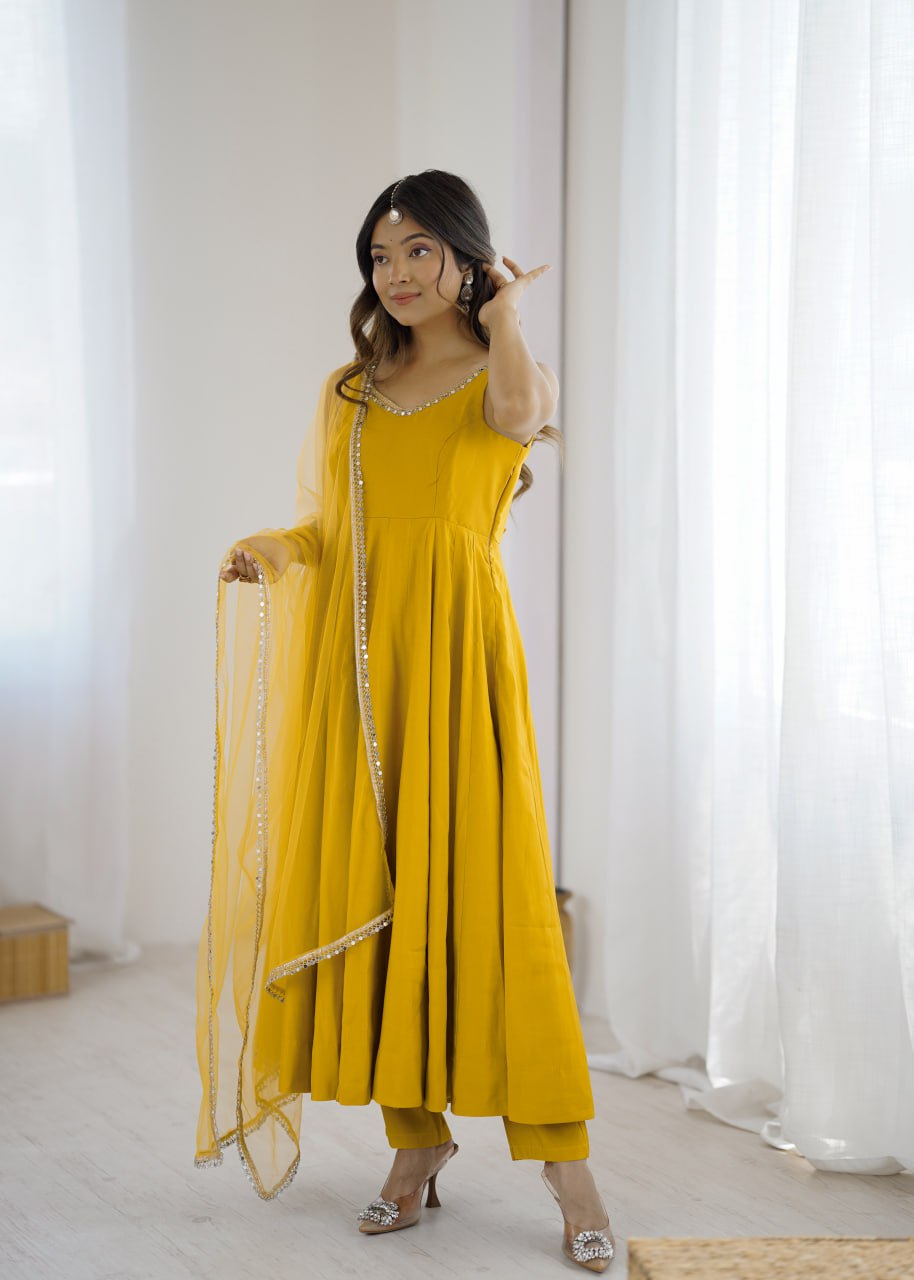 Yellow Roman Silk Chanderi Anarkali Suit with Mirror-Lace Net Dupatta