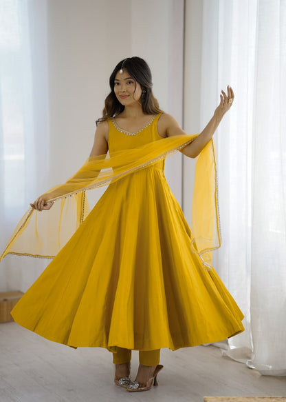 Yellow Roman Silk Chanderi Anarkali Suit with Mirror-Lace Net Dupatta