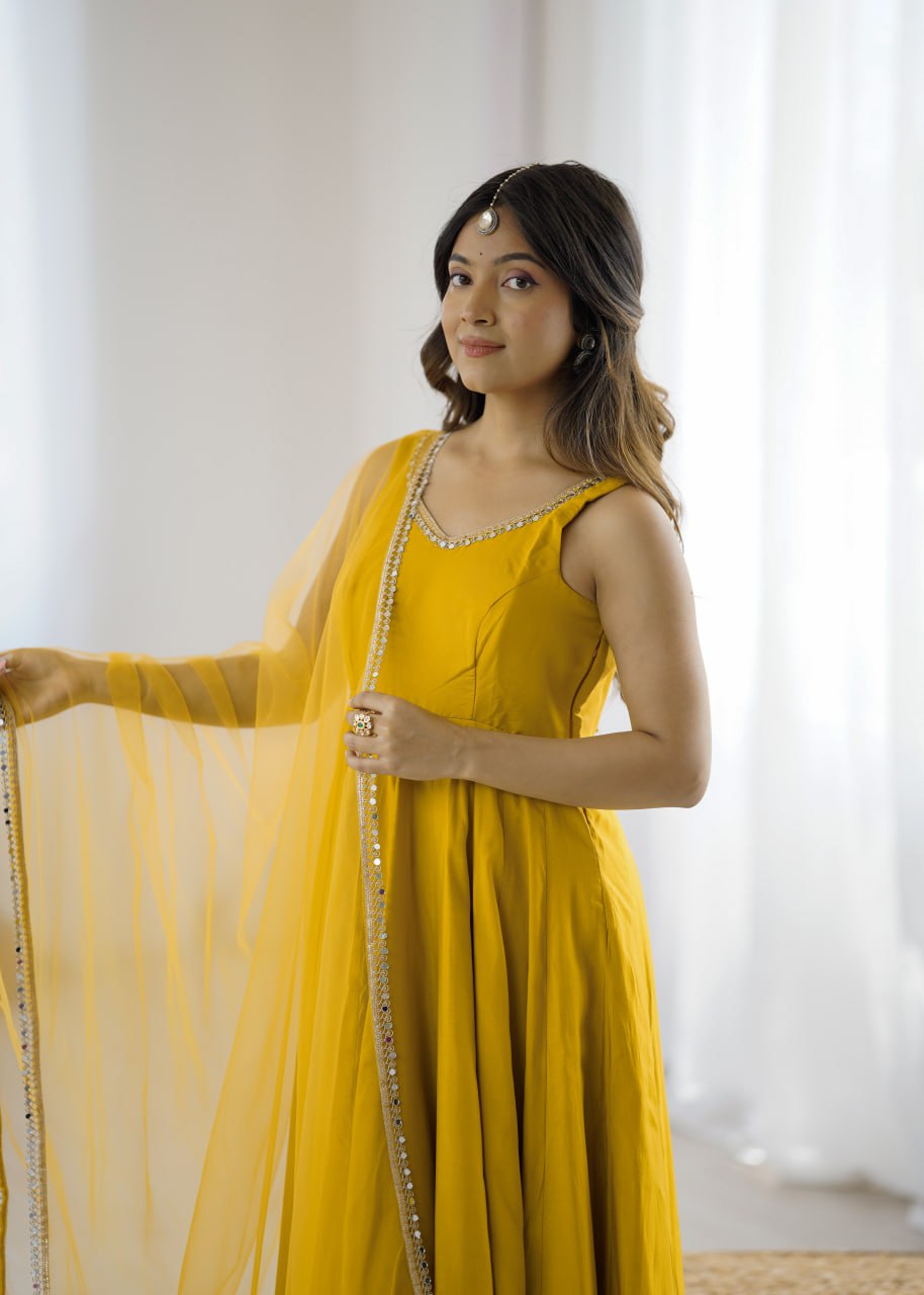 Yellow Roman Silk Chanderi Anarkali Suit with Mirror-Lace Net Dupatta