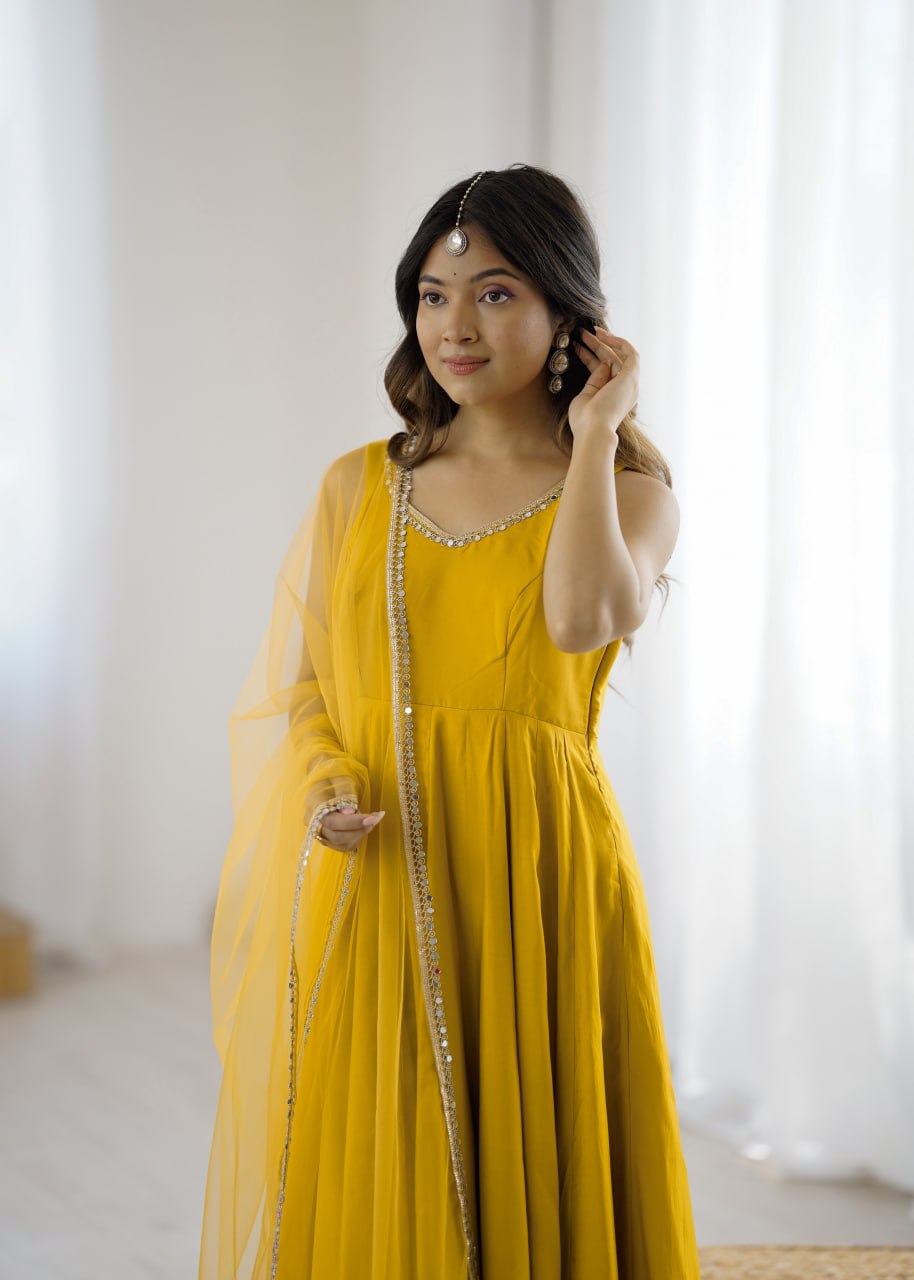 Yellow Roman Silk Chanderi Anarkali Suit with Mirror-Lace Net Dupatta