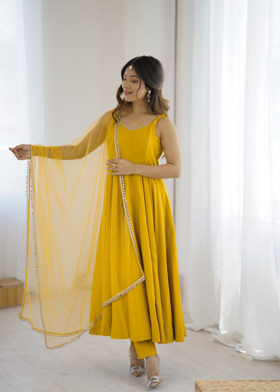 Yellow Roman Silk Chanderi Anarkali Suit with Mirror-Lace Net Dupatta