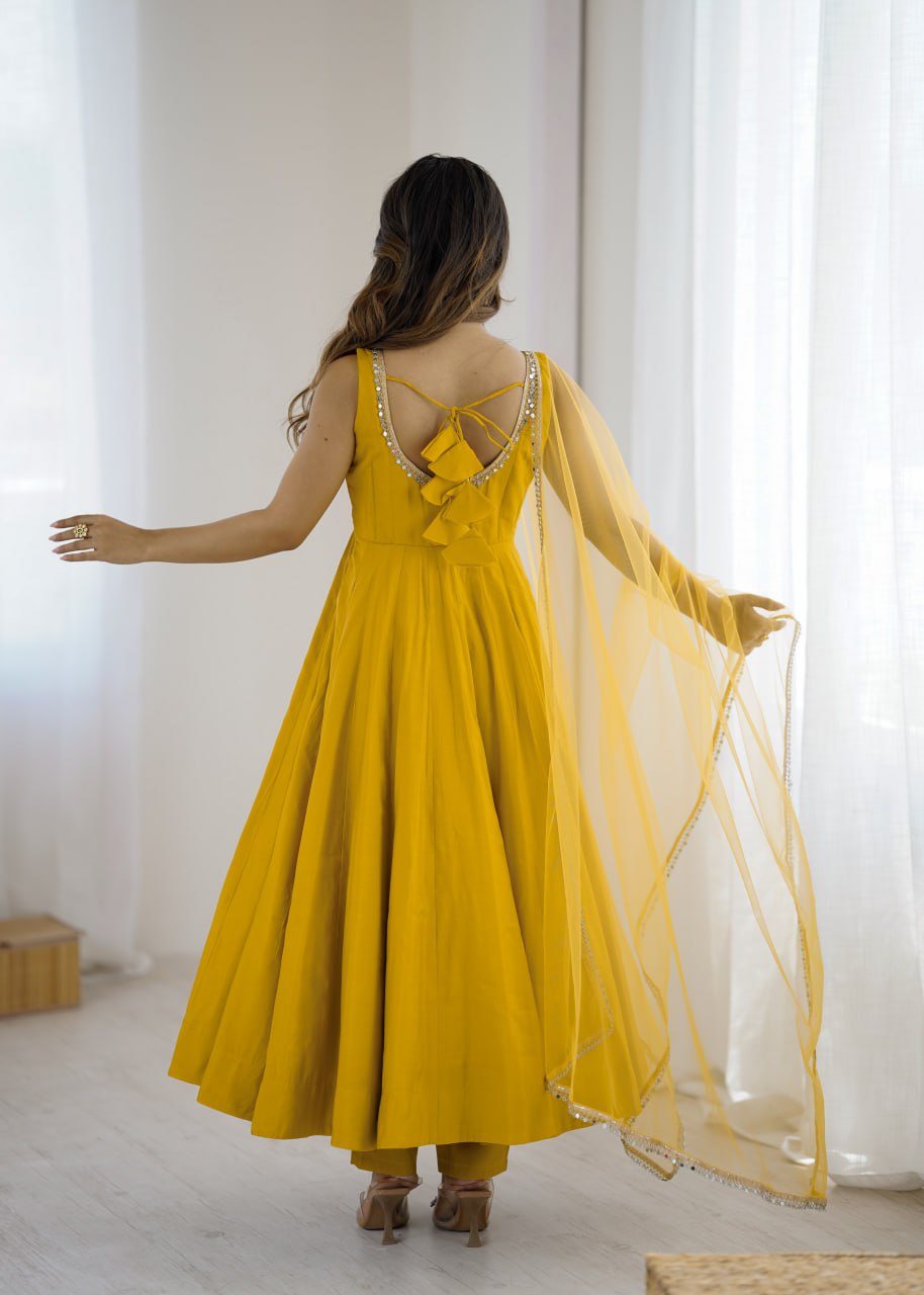 Yellow Roman Silk Chanderi Anarkali Suit with Mirror-Lace Net Dupatta