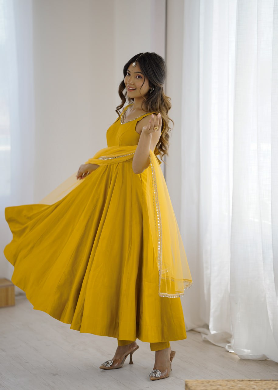 Yellow Roman Silk Chanderi Anarkali Suit with Mirror-Lace Net Dupatta