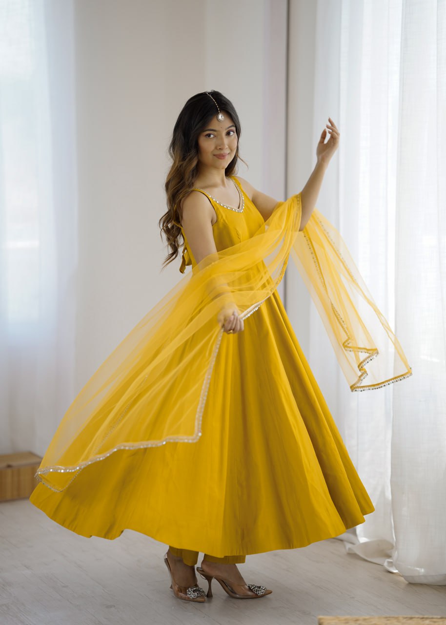 Yellow Roman Silk Chanderi Anarkali Suit with Mirror-Lace Net Dupatta