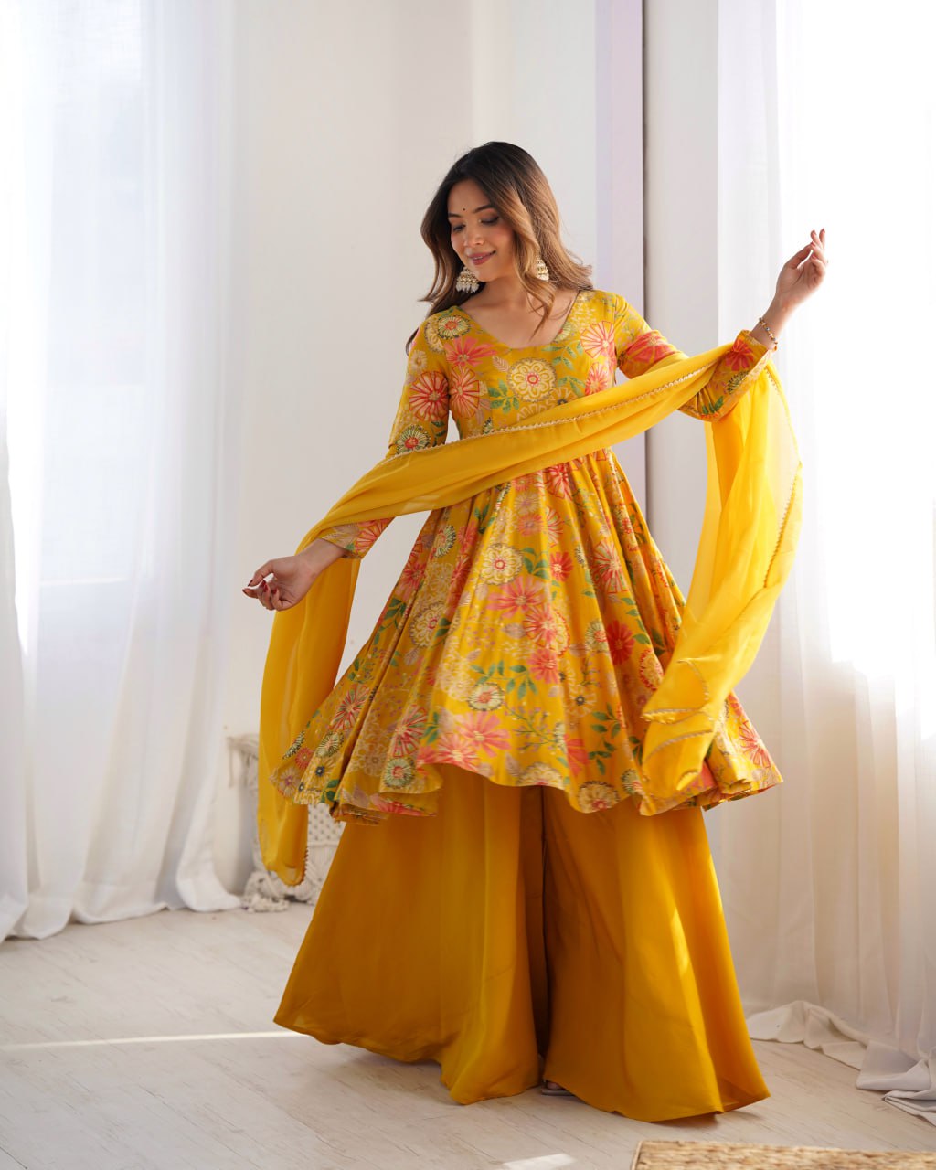 YELLOW Soft Romansilk Chanderi Kediya Style & Fancy Organza Dupatta