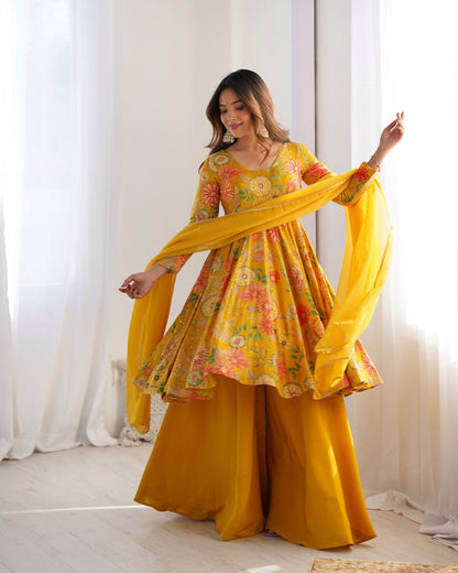 YELLOW Soft Romansilk Chanderi Kediya Style & Fancy Organza Dupatta