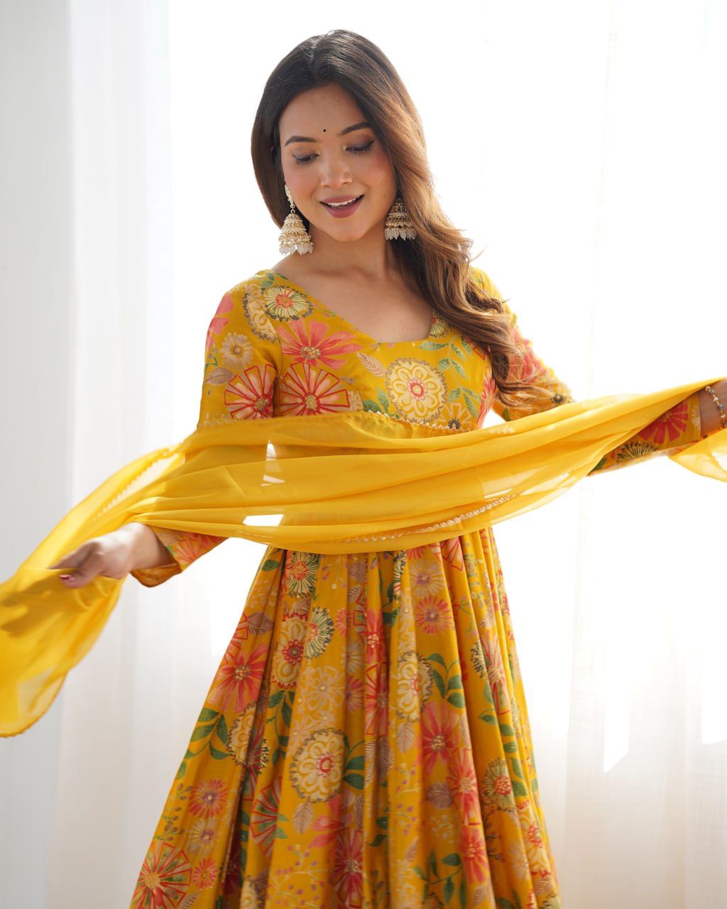 YELLOW Soft Romansilk Chanderi Kediya Style & Fancy Organza Dupatta