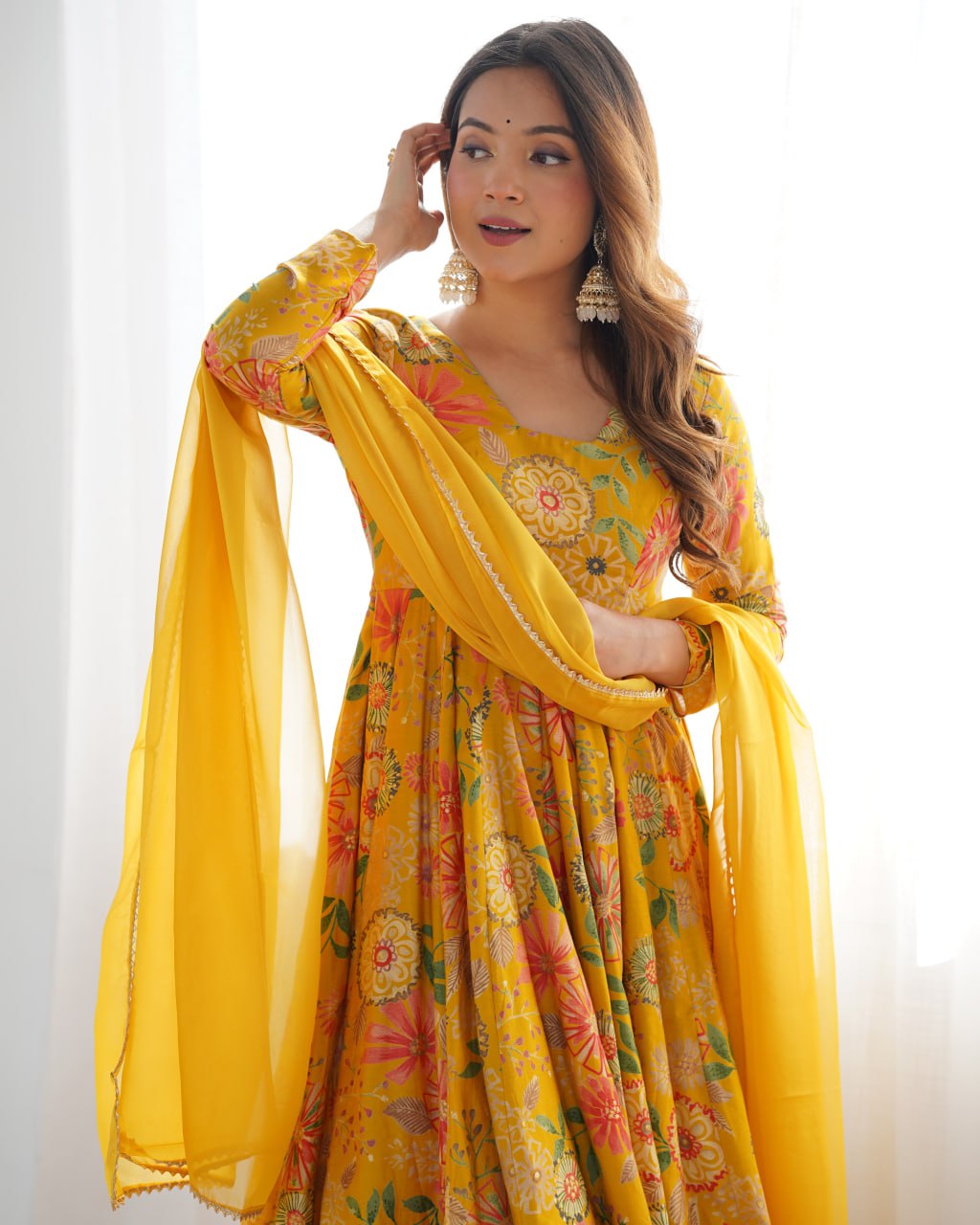YELLOW Soft Romansilk Chanderi Kediya Style & Fancy Organza Dupatta