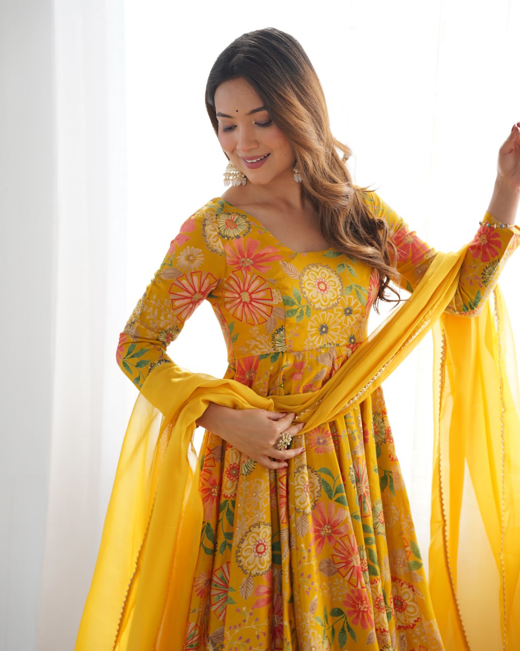 Yellow Soft Romansilk Chanderi Kediya Style & Fancy Organza Dupatta
