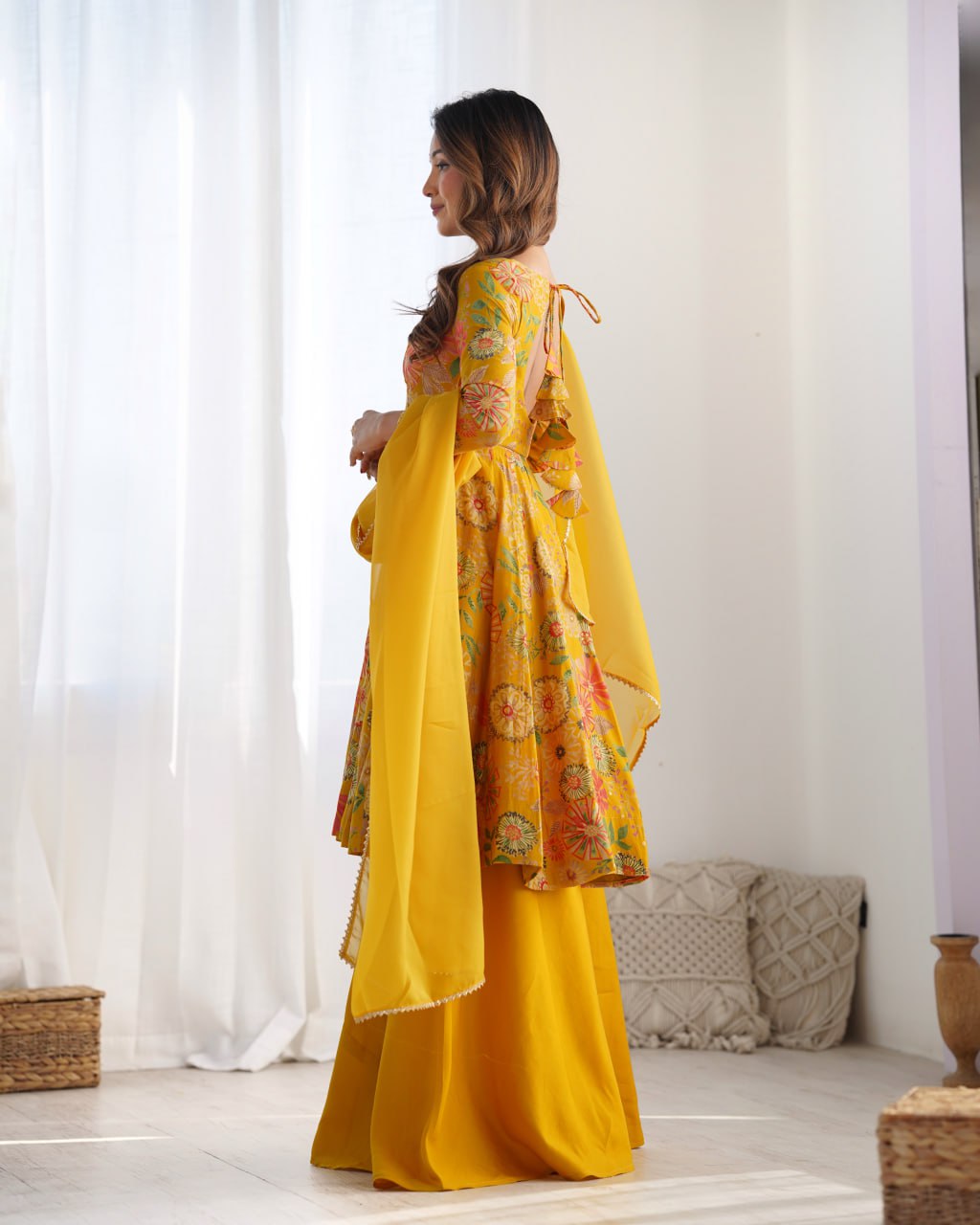 YELLOW Soft Romansilk Chanderi Kediya Style & Fancy Organza Dupatta