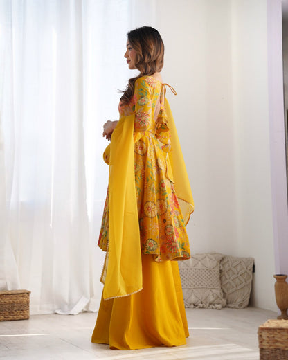YELLOW Soft Romansilk Chanderi Kediya Style & Fancy Organza Dupatta