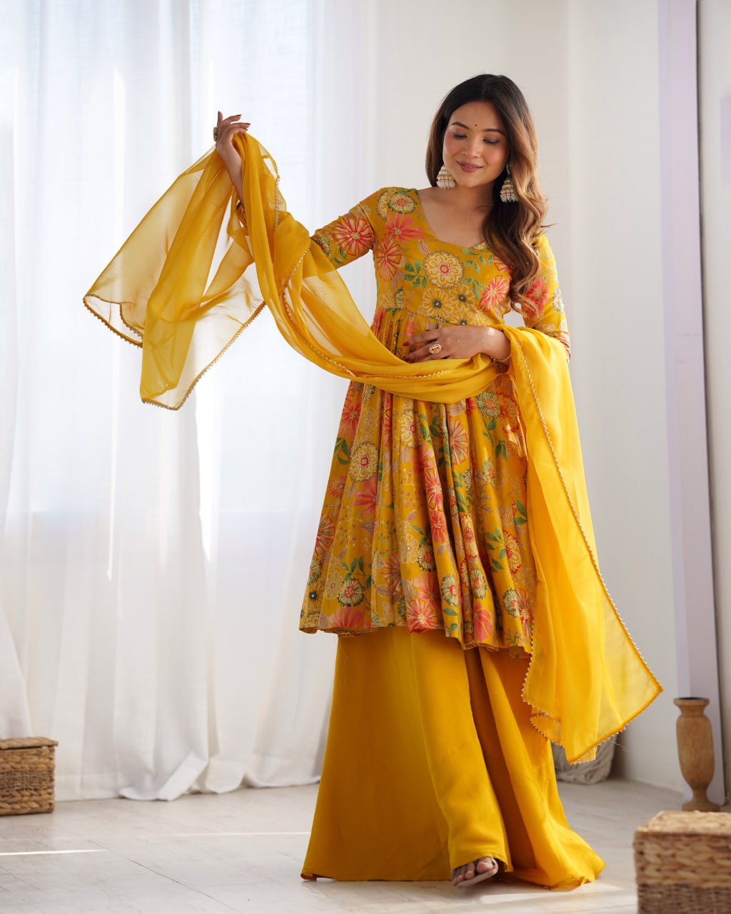 YELLOW Soft Romansilk Chanderi Kediya Style & Fancy Organza Dupatta