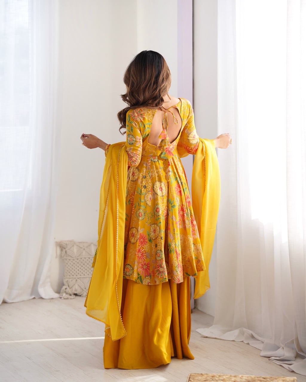 YELLOW Soft Romansilk Chanderi Kediya Style & Fancy Organza Dupatta