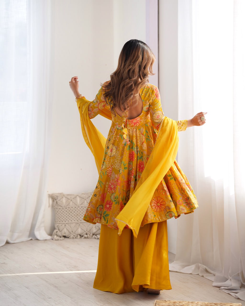 YELLOW Soft Romansilk Chanderi Kediya Style & Fancy Organza Dupatta