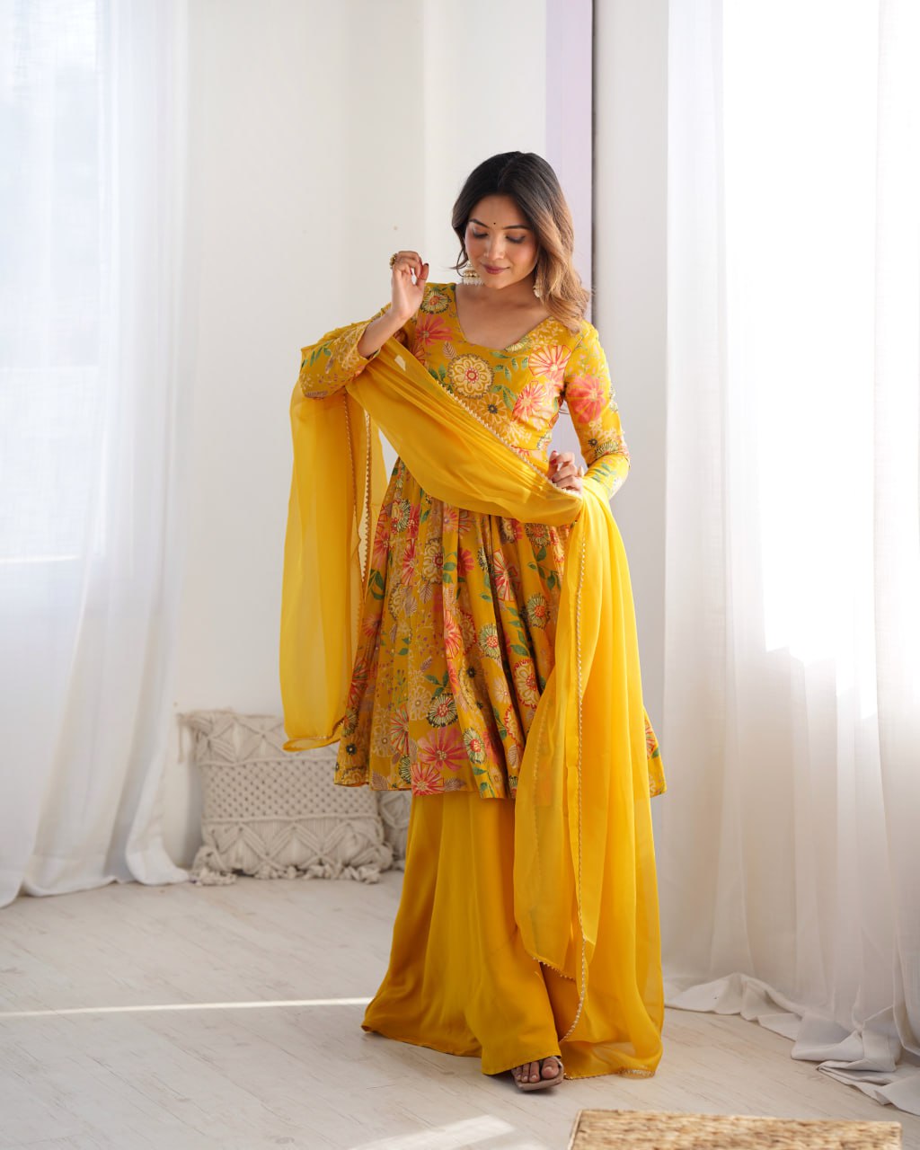 YELLOW Soft Romansilk Chanderi Kediya Style & Fancy Organza Dupatta