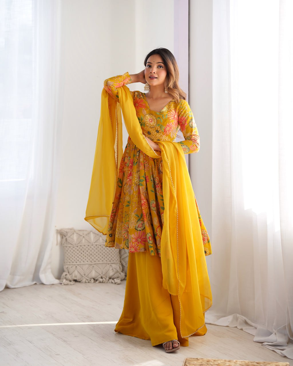 YELLOW Soft Romansilk Chanderi Kediya Style & Fancy Organza Dupatta