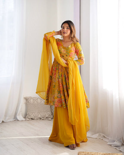 YELLOW Soft Romansilk Chanderi Kediya Style & Fancy Organza Dupatta