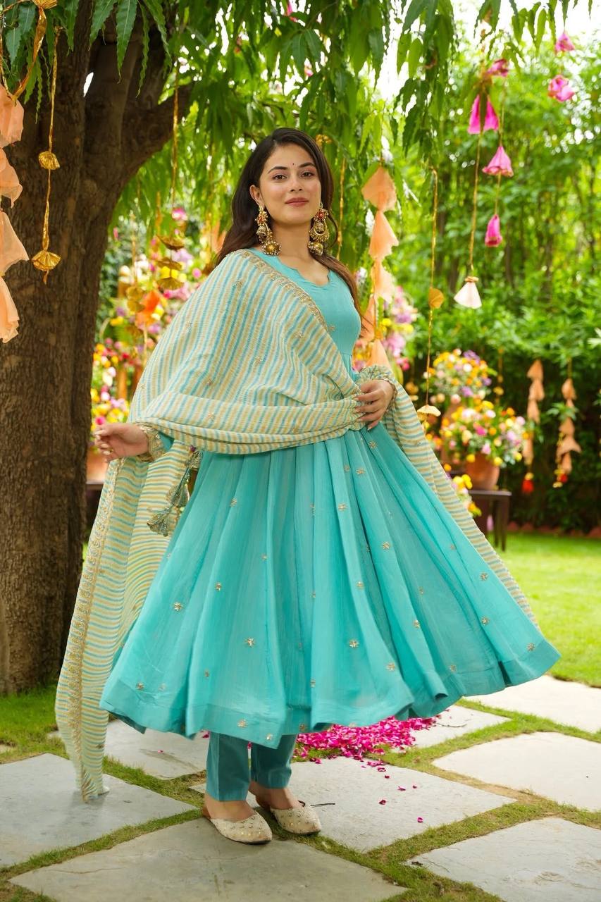 Aqua Blue Designer Faux Georgette Gown and Dupatta For Party Wear