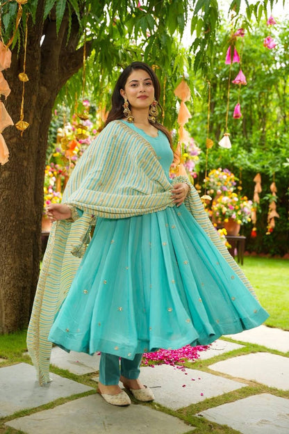 Aqua Blue Designer Faux Georgette Gown and Dupatta For Party Wear
