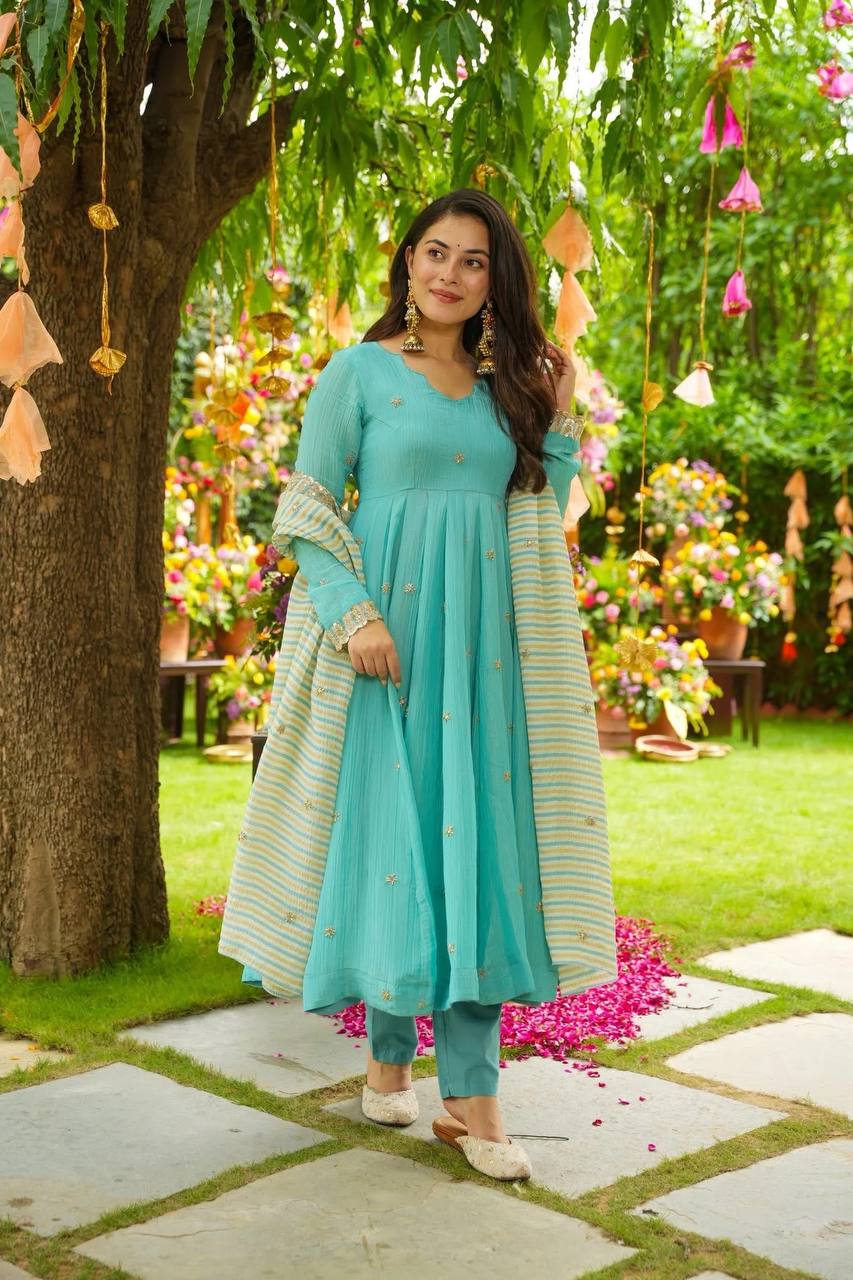 Aqua Blue Designer Faux Georgette Gown and Dupatta For Party Wear