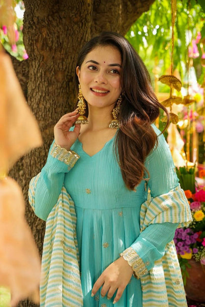 Aqua Blue Designer Faux Georgette Gown and Dupatta For Party Wear